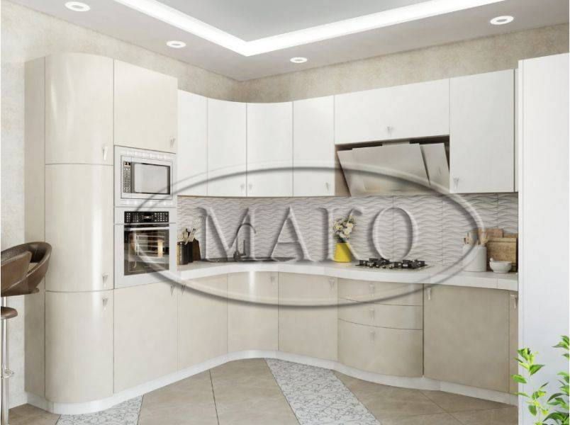 светлая кухня с гнутыми фасадами в Архангельске