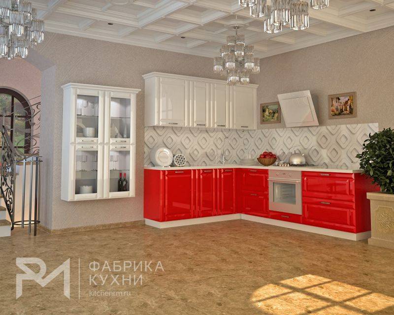 глянцевая угловая кухня белый-красный в Архангельске